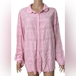 Torrid Blouse 3X light Pink Embroidered Long Sleeve Buttons Plus Size Rayon